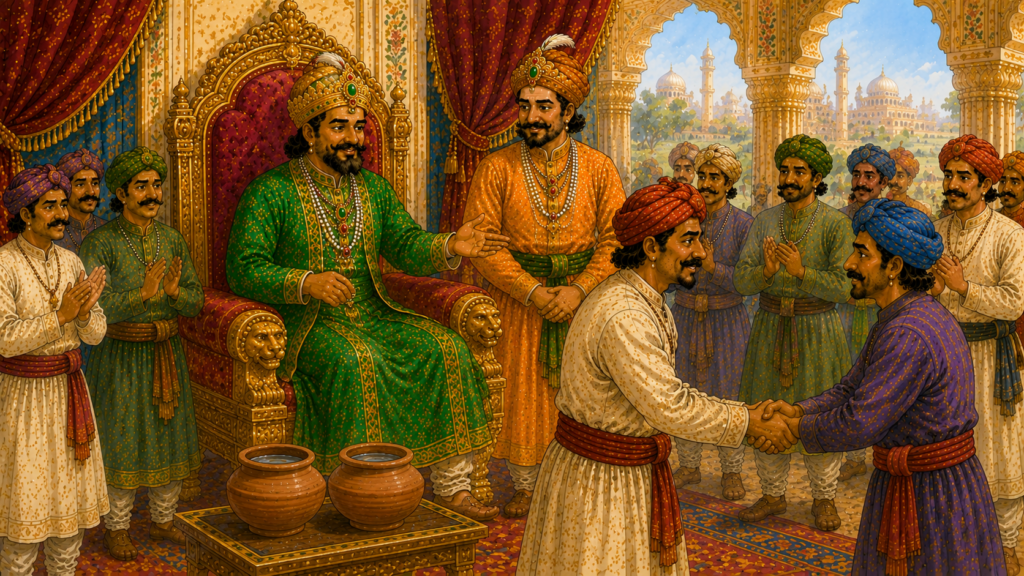 Emperor Akbar praising Birbal as the two village leaders announce peace in the royal court.