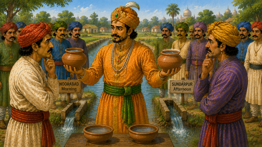 Birbal using two identical clay pots to explain fair water sharing to the village leaders.