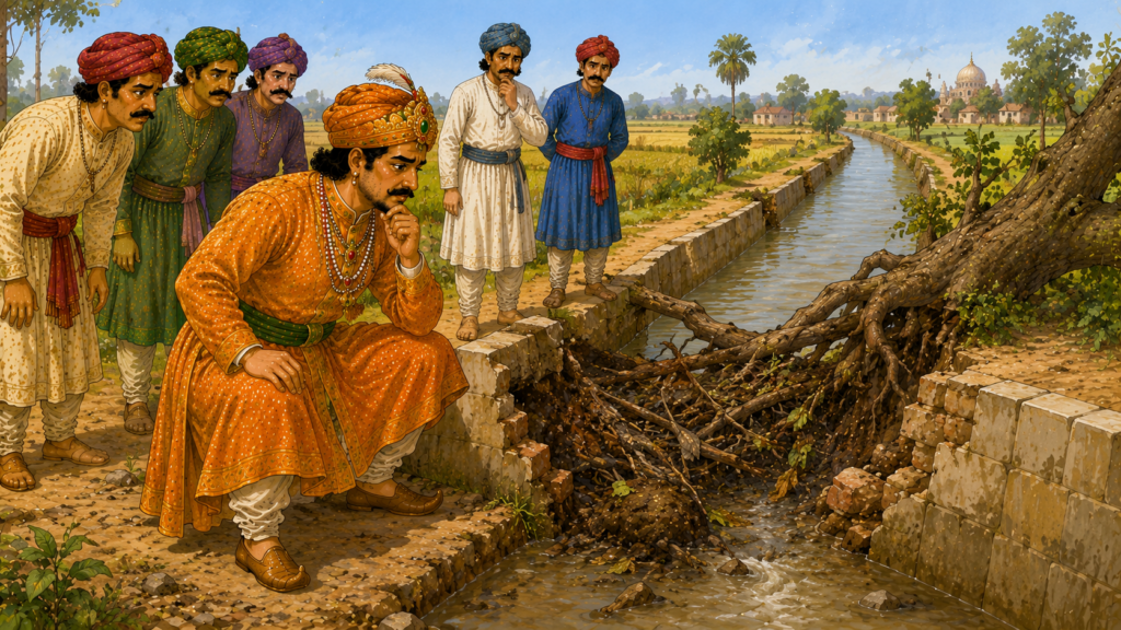 Birbal examining a damaged canal blocked by tree roots, mud and branches between two villages.