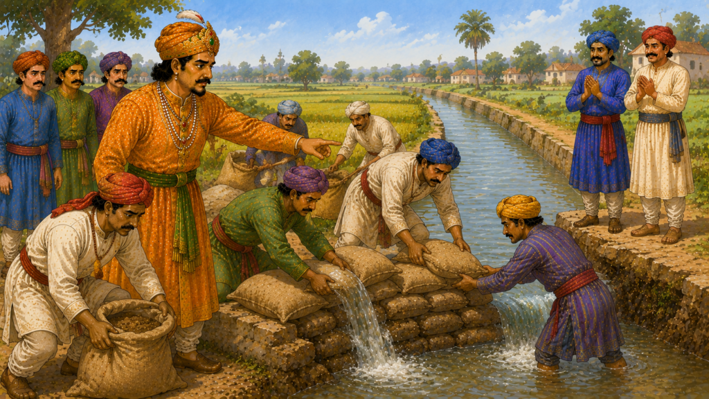Birbal guiding villagers as they repair the leaking canal wall using sand-filled sacks.