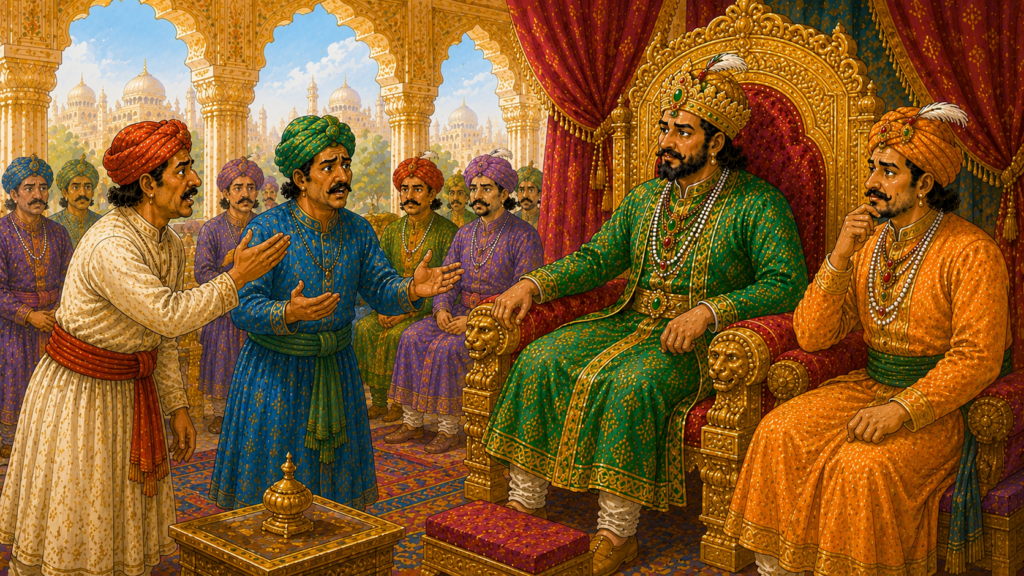 Two village leaders presenting their canal water dispute before Emperor Akbar and Birbal in the royal court.