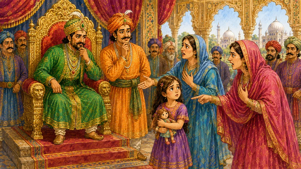 five-year-old girl holding a small cloth doll in Akbar Birbal story