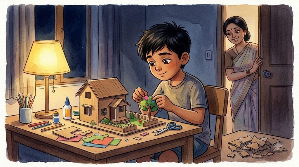 Arjun working hard on his school project late at night after realizing that success requires effort.