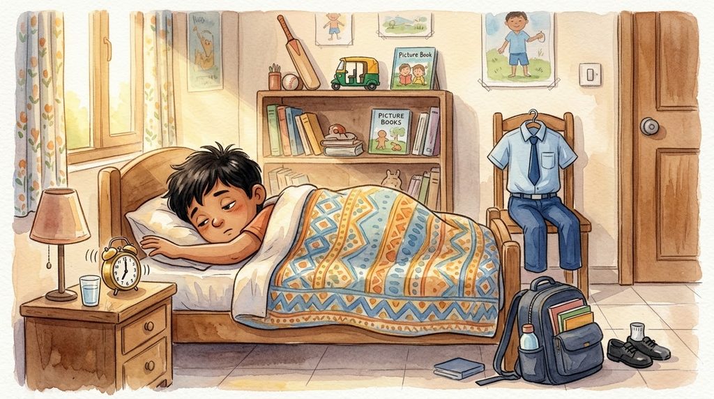 Arjun sleeping lazily in bed while his alarm rings and sunlight enters his room.