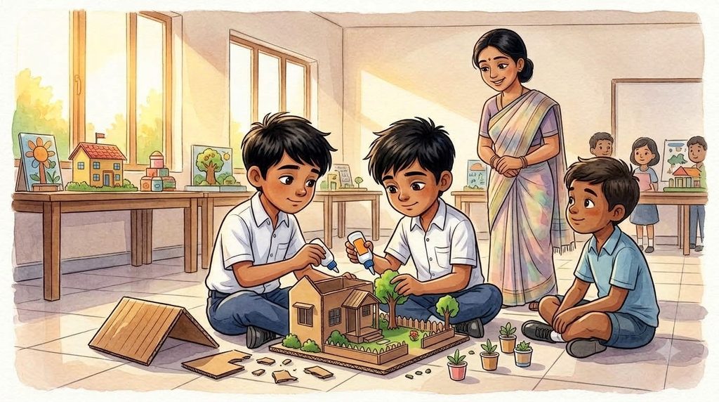Arjun repairing his broken school project instead of giving up during the competition.