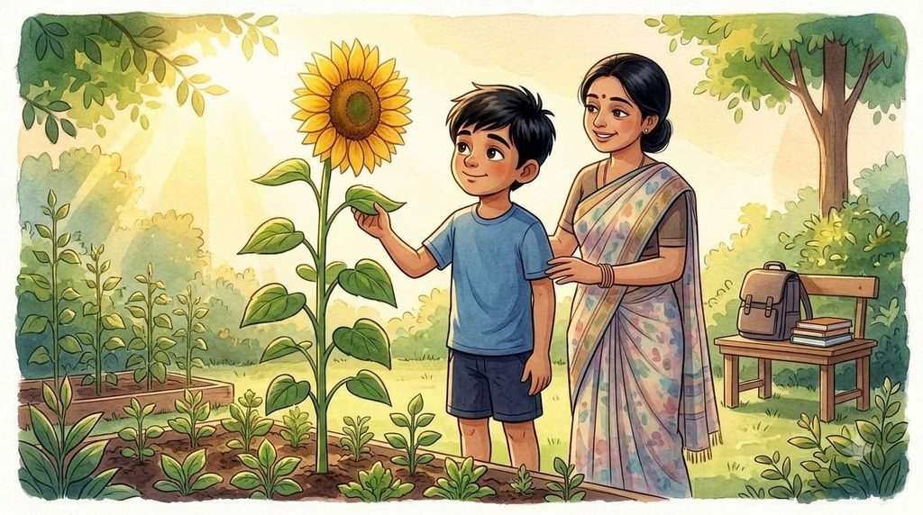 A confident Arjun proudly standing beside a blooming sunflower while his mother smiles beside him.