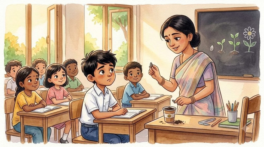 Arjun listening thoughtfully as his teacher shows the class a tiny seed and explains how growth requires effort.