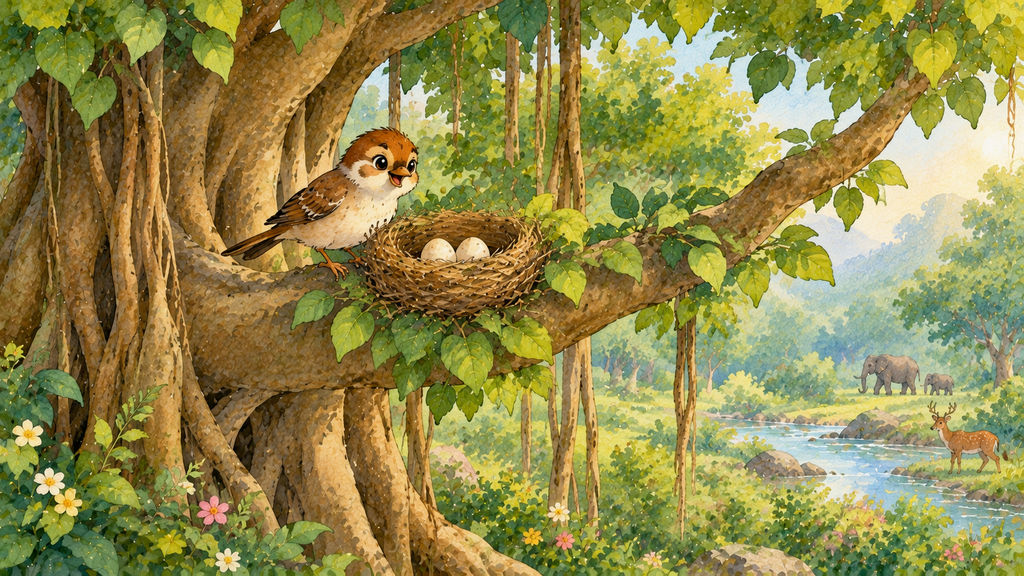 A tiny sparrow named Tara caring for her nest and eggs on a banyan tree in a forest