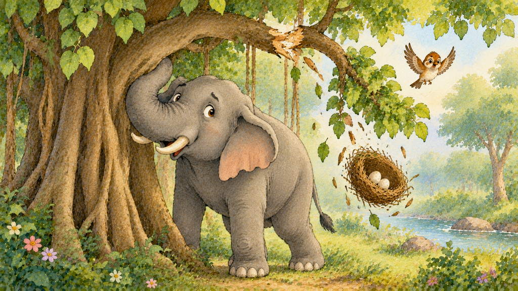 A large elephant accidentally shakes a mango tree and destroys a sparrow's nest.