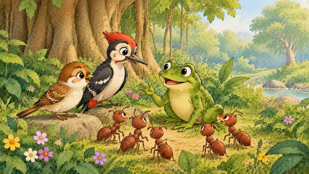 A sparrow, cuckoo, rabbit, and frog planning together in the forest.