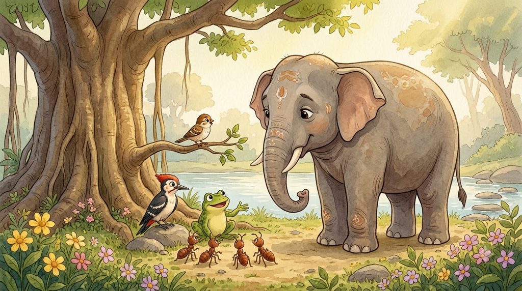 The elephant apologizing to the sparrows while forest animals gather peacefully around them.