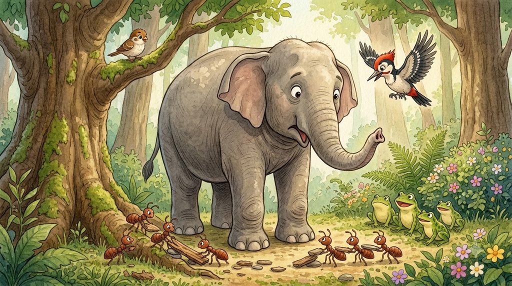 Small forest animals working together while the elephant becomes stuck in a muddy pit.
